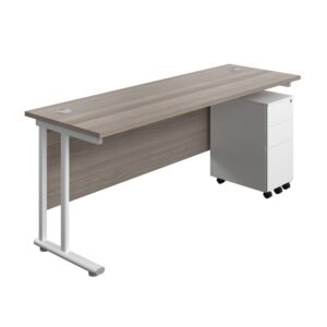 Twin Upright Rectangular Desk + Slimline Steel Pedestal 3 Drawers