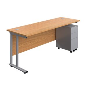 Twin Upright Rectangular Desk + Slimline Steel Pedestal 3 Drawers