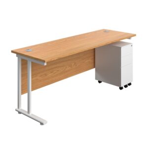Twin Upright Rectangular Desk + Slimline Steel Pedestal 3 Drawers