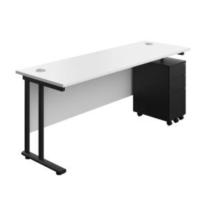 Twin Upright Rectangular Desk + Slimline Steel Pedestal 3 Drawers
