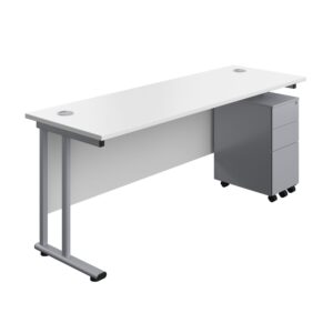 Twin Upright Rectangular Desk + Slimline Steel Pedestal 3 Drawers