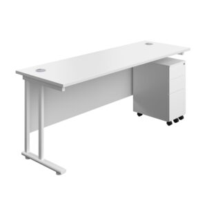 Twin Upright Rectangular Desk + Slimline Steel Pedestal 3 Drawers