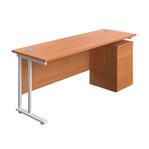 Twin Upright Rectangular Desk + High Mobile Pedestal 3 Drawer