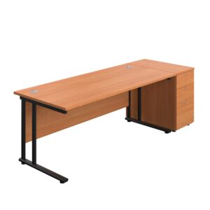 Twin Upright Rectangular Desk + Desk High 3 Drawer Pedestal