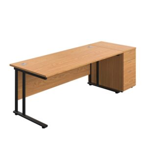 Twin Upright Rectangular Desk + Desk High 3 Drawer Pedestal