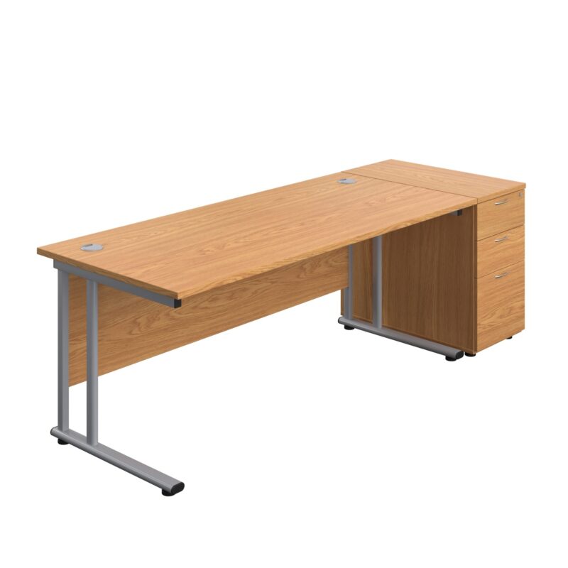 Twin Upright Rectangular Desk + Desk High 3 Drawer Pedestal