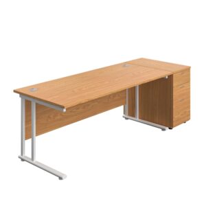 Twin Upright Rectangular Desk + Desk High 3 Drawer Pedestal