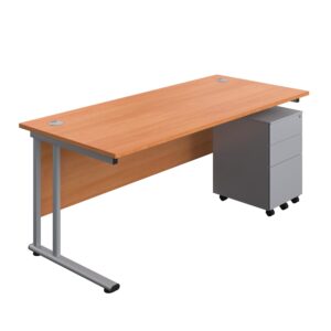 Twin Upright Rectangular Desk + Under Desk Steel Pedestal 3 Drawers