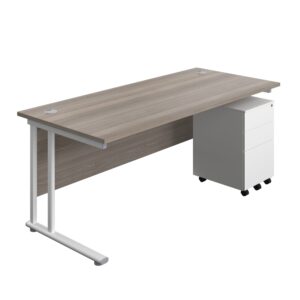 Twin Upright Rectangular Desk + Under Desk Steel Pedestal 3 Drawers