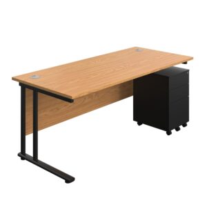 Twin Upright Rectangular Desk + Under Desk Steel Pedestal 3 Drawers