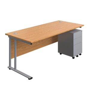 Twin Upright Rectangular Desk + Under Desk Steel Pedestal 3 Drawers