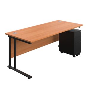 Twin Upright Rectangular Desk + Slimline Steel Pedestal 3 Drawers