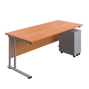 Twin Upright Rectangular Desk + Slimline Steel Pedestal 3 Drawers