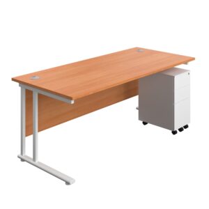 Twin Upright Rectangular Desk + Slimline Steel Pedestal 3 Drawers