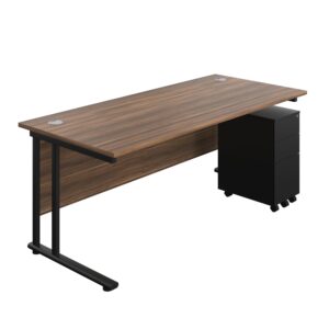 Twin Upright Rectangular Desk + Slimline Steel Pedestal 3 Drawers