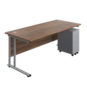 Twin Upright Rectangular Desk + Slimline Steel Pedestal 3 Drawers