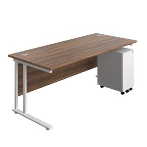 Twin Upright Rectangular Desk + Slimline Steel Pedestal 3 Drawers