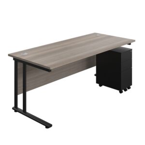 Twin Upright Rectangular Desk + Slimline Steel Pedestal 3 Drawers