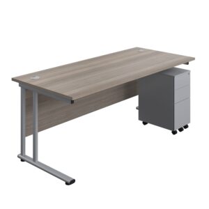 Twin Upright Rectangular Desk + Slimline Steel Pedestal 3 Drawers