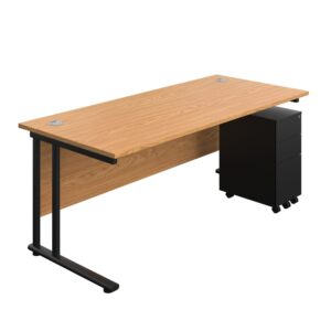 Twin Upright Rectangular Desk + Slimline Steel Pedestal 3 Drawers