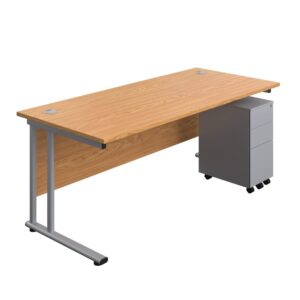 Twin Upright Rectangular Desk + Slimline Steel Pedestal 3 Drawers