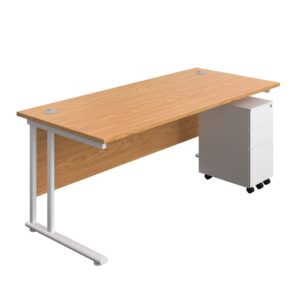 Twin Upright Rectangular Desk + Slimline Steel Pedestal 3 Drawers