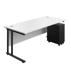 Twin Upright Rectangular Desk + Slimline Steel Pedestal 3 Drawers