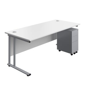 Twin Upright Rectangular Desk + Slimline Steel Pedestal 3 Drawers