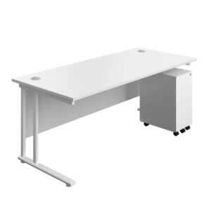 Twin Upright Rectangular Desk + Slimline Steel Pedestal 3 Drawers