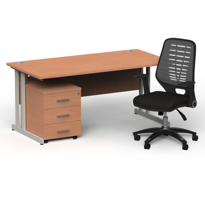 Surge 1600mm Cantilever Straight Desk With Mobile Pedestal and PassPro Silver Back Operator Chair - Image 13