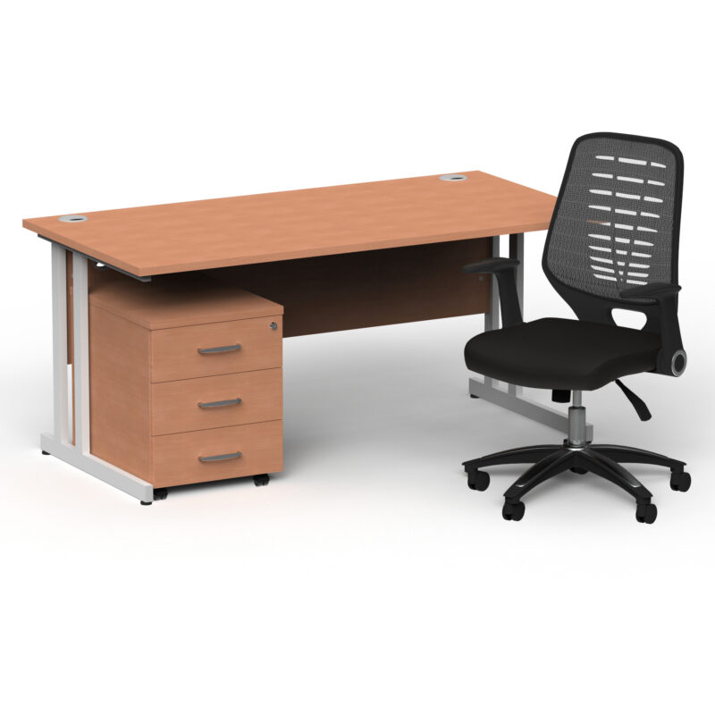 Surge 1600mm Cantilever Straight Desk With Mobile Pedestal and PassPro Silver Back Operator Chair - Image 37