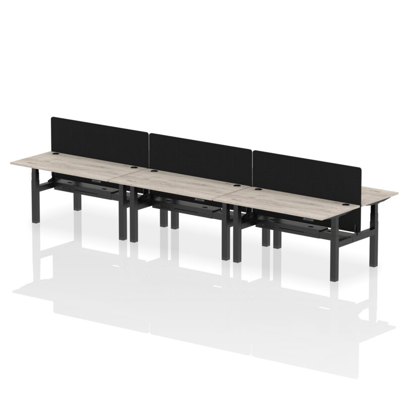 Breeze Back-to-Back Height Adjustable Bench Desk - 6 Person with Black Straight Screen - Image 49