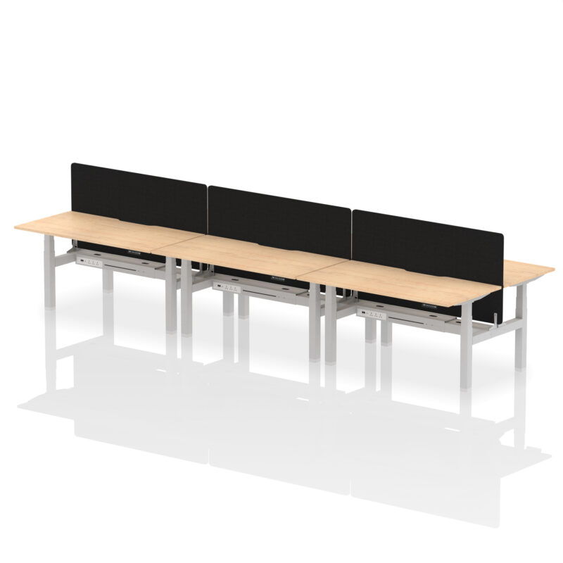 Breeze Back-to-Back Scalloped Edge Height Adjustable Bench Desk - 6 Person with Black Straight Screen - Image 44