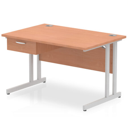 Surge Cantilever Straight Desk Silver Frame With Single One Drawer Fixed Pedestal