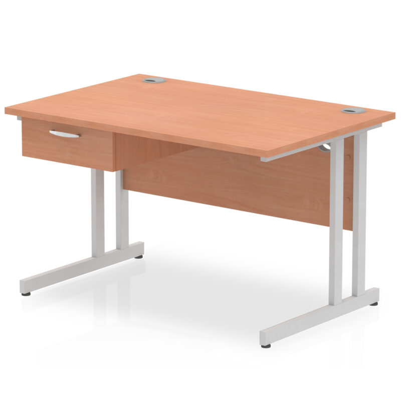 Surge Cantilever Straight Desk Silver Frame With Single One Drawer Fixed Pedestal