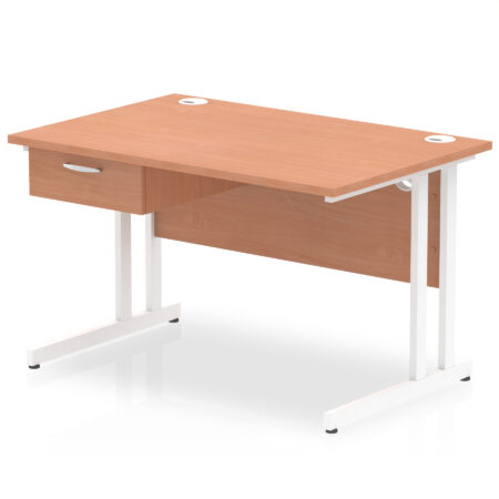 Surge Cantilever Straight Desk White Frame With Single One Drawer Fixed Pedestal