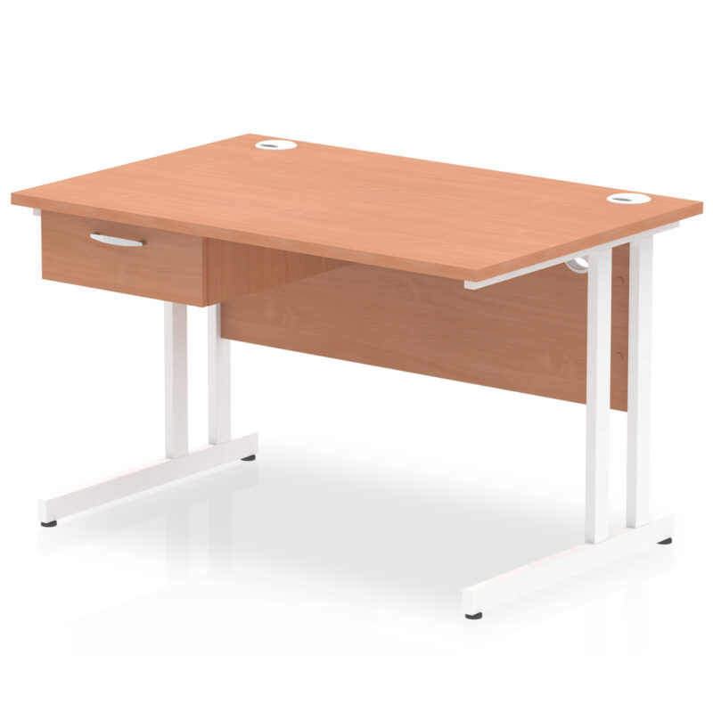 Surge Cantilever Straight Desk White Frame With Single One Drawer Fixed Pedestal