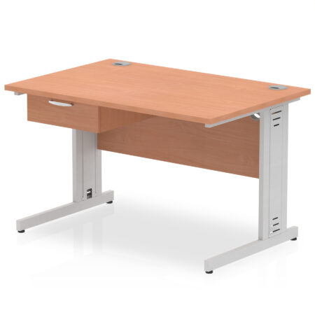 Surge Cable Managed Straight Desk Silver Frame With Single One Drawer Fixed Pedestal