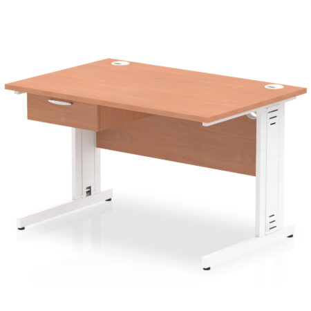 Surge Cable Managed Straight Desk White Frame With Single One Drawer Fixed Pedestal