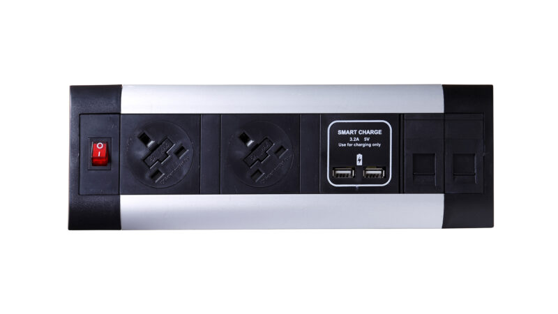 Surge Desktop Module 2 x 5A UK Sockets, 1 x Neon Switch, 1 x 500mm Lead to 3 Pole Connector in Black - Image 2
