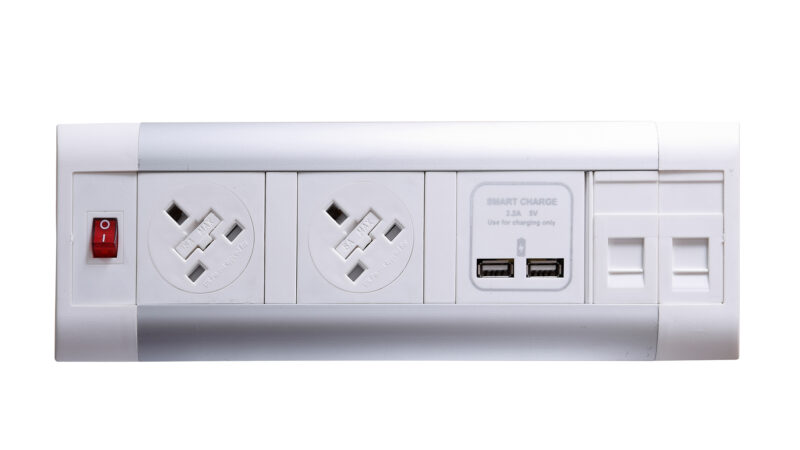 Surge Desktop Module 2 x 5A UK Sockets, 1 x Neon Switch, 1 x 500mm Lead to 3 Pole Connector in White - Image 3