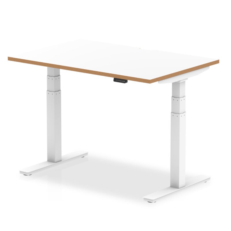 Kotto Air Height Adjustable Desk White Top Natural Wood Edge White Frame