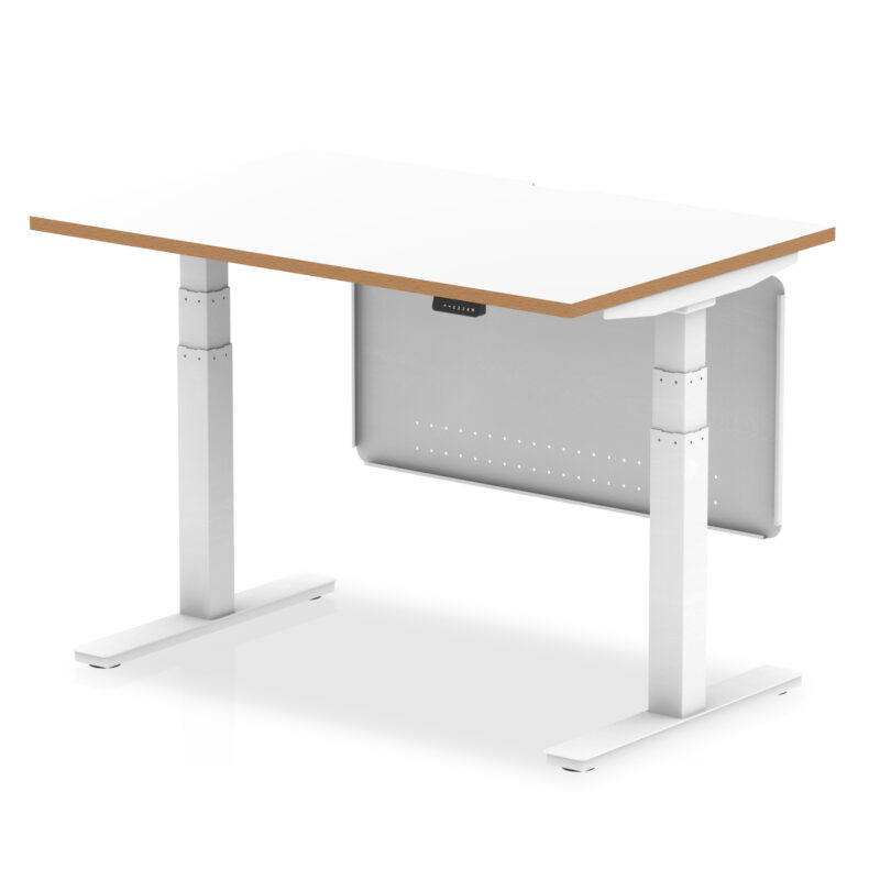 Kotto Air Height Adjustable Desk White Top Natural Wood Edge White Frame with White Steel Modesty Panel