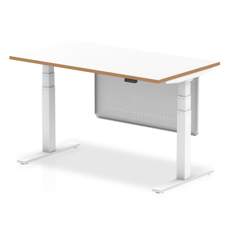 Kotto Air Height Adjustable Desk White Top Natural Wood Edge White Frame with White Steel Modesty Panel - Image 2