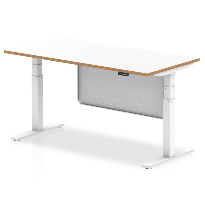 Kotto Air Height Adjustable Desk White Top Natural Wood Edge White Frame with White Steel Modesty Panel - Image 3