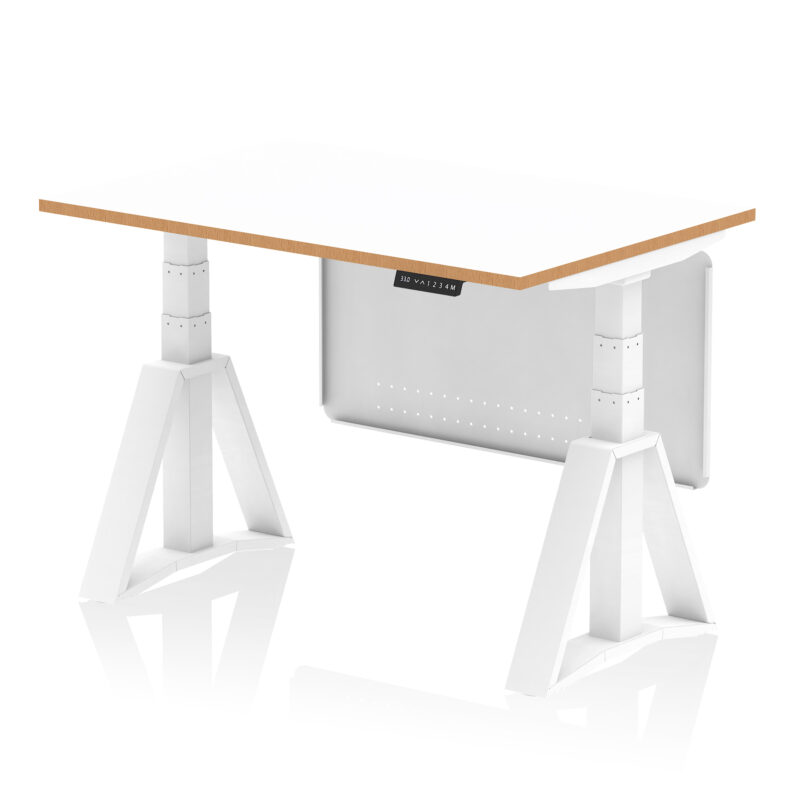 Kotto Air Height Adjustable Desk White Top Natural Wood Edge White Frame with White Steel Modesty Panel - Image 4