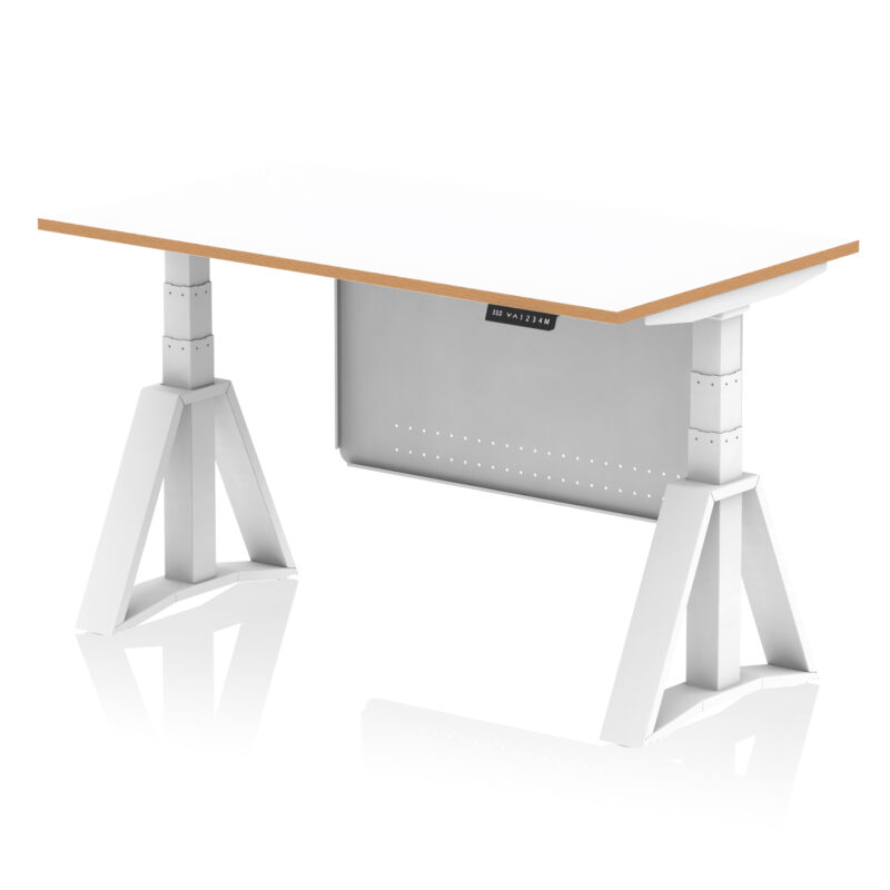 Kotto Air Height Adjustable Desk White Top Natural Wood Edge White Frame with White Steel Modesty Panel - Image 5