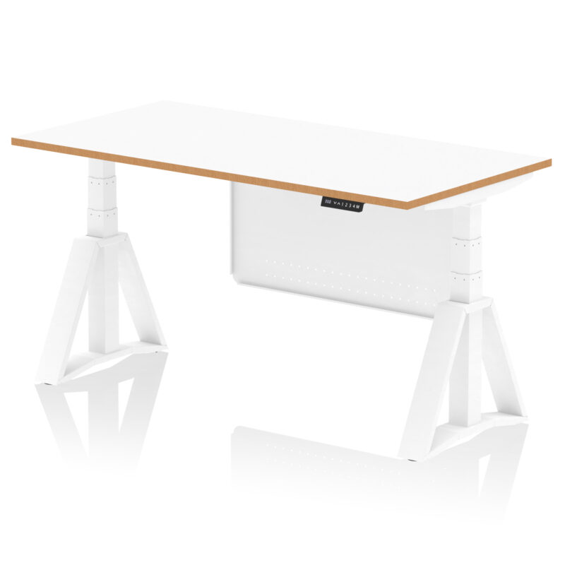Kotto Air Height Adjustable Desk White Top Natural Wood Edge White Frame with White Steel Modesty Panel - Image 6